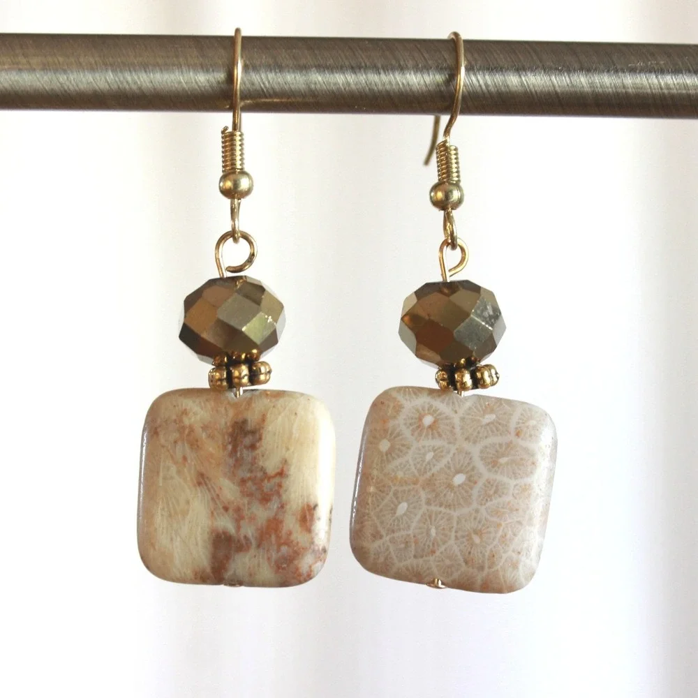 Natural‎ Fossil Coral Square Drop Earrings Tan Bronze Boho Geometric Fishhook